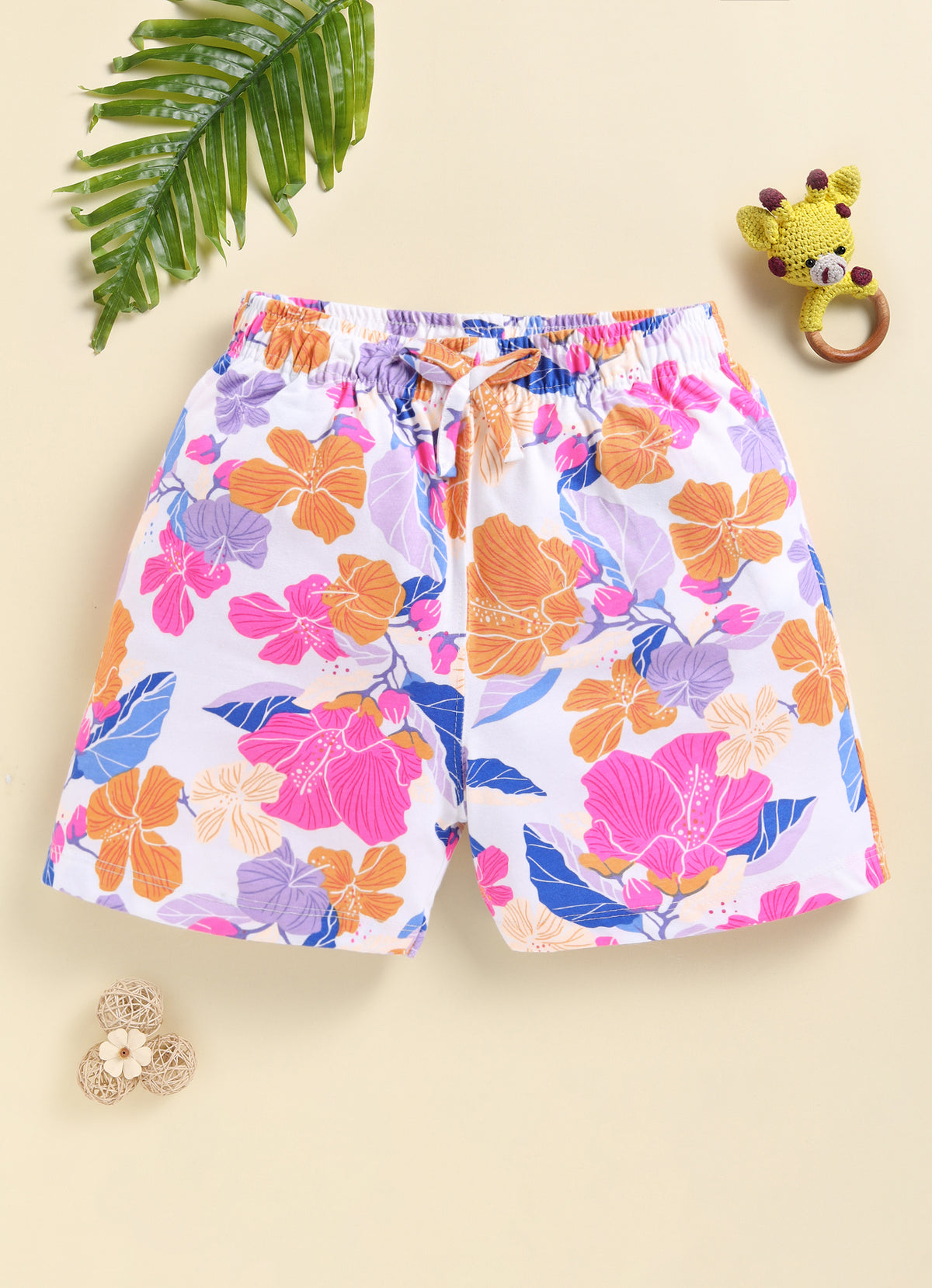 Biskid Girls Abstract Foliage and Tropical Hibiscus Floral Casual Cotton Shorts Combo (Pack of 2)
