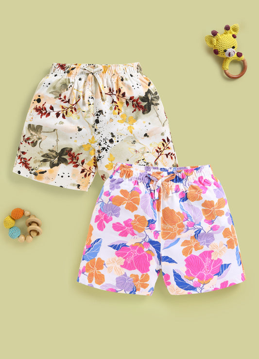 Biskid Girls Abstract Foliage and Tropical Hibiscus Floral Casual Cotton Shorts Combo (Pack of 2)