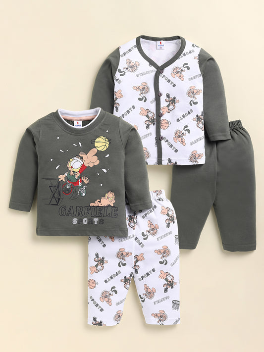 Image file 1502-Olive.jpg showing a flat lay of a Todos brand boys multi-piece clothing set. The outfit includes a solid olive long-sleeve top with a "GARFIELD SPORTS" basketball graphic, a white long-sleeve button-down top with an all-over Garfield sports print, a pair of matching printed pants, and a pair of solid olive pants.