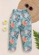 Image file 1511-M.Green.jpg showing a pair of Biskid brand girls mint green joggers with an all-over tropical floral print, featuring an elastic waistband with a white drawstring, displayed with decorative sunglasses, flowers, and greenery.