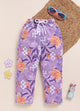 Image file IMG_7054 - Copy.jpg showing a pair of Biskid brand girls purple joggers with an all-over tropical floral print, featuring an elastic waistband with a white drawstring.