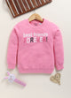 Image file 1754-Pink.jpg showing a Biskid brand girls pink fleece sweatshirt featuring the text "best friends FOREVER!" on the front, displayed on a wooden hanger with a small plush bunny toy and a heart-shaped woven decoration nearby.