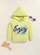 Image file 1756-Green.jpg showing a flat lay of a lime green Biskid brand girls hooded sweatshirt featuring the "Enjoy" graphic and "PERFECT STYLE" text, displayed with decorative items including children's sunglasses and a wooden toy.