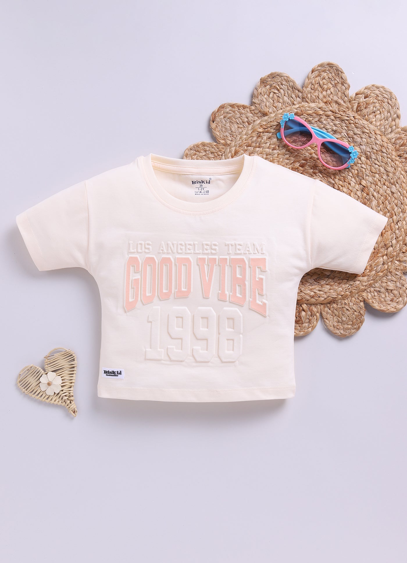 Biskid Girls "GAME ON" Dark Peach and "GOOD VIBE 1998" Cream Casual Cotton Crop Top Combo (Pack of 2)