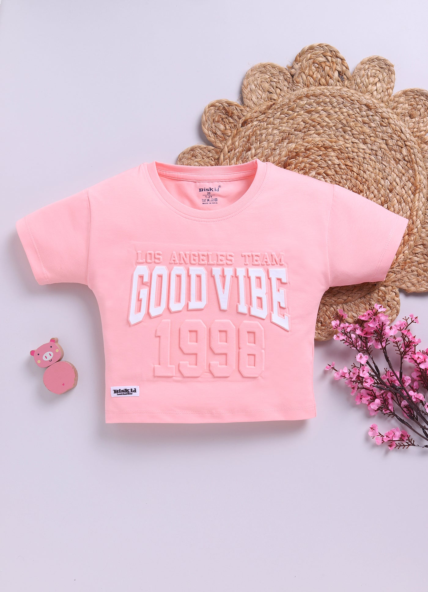 Biskid Girls "GOOD VIBE 1998" Light Peach and "DREAMS NEW YORK" Sea Green Casual Cotton Crop Top Combo (Pack of 2)