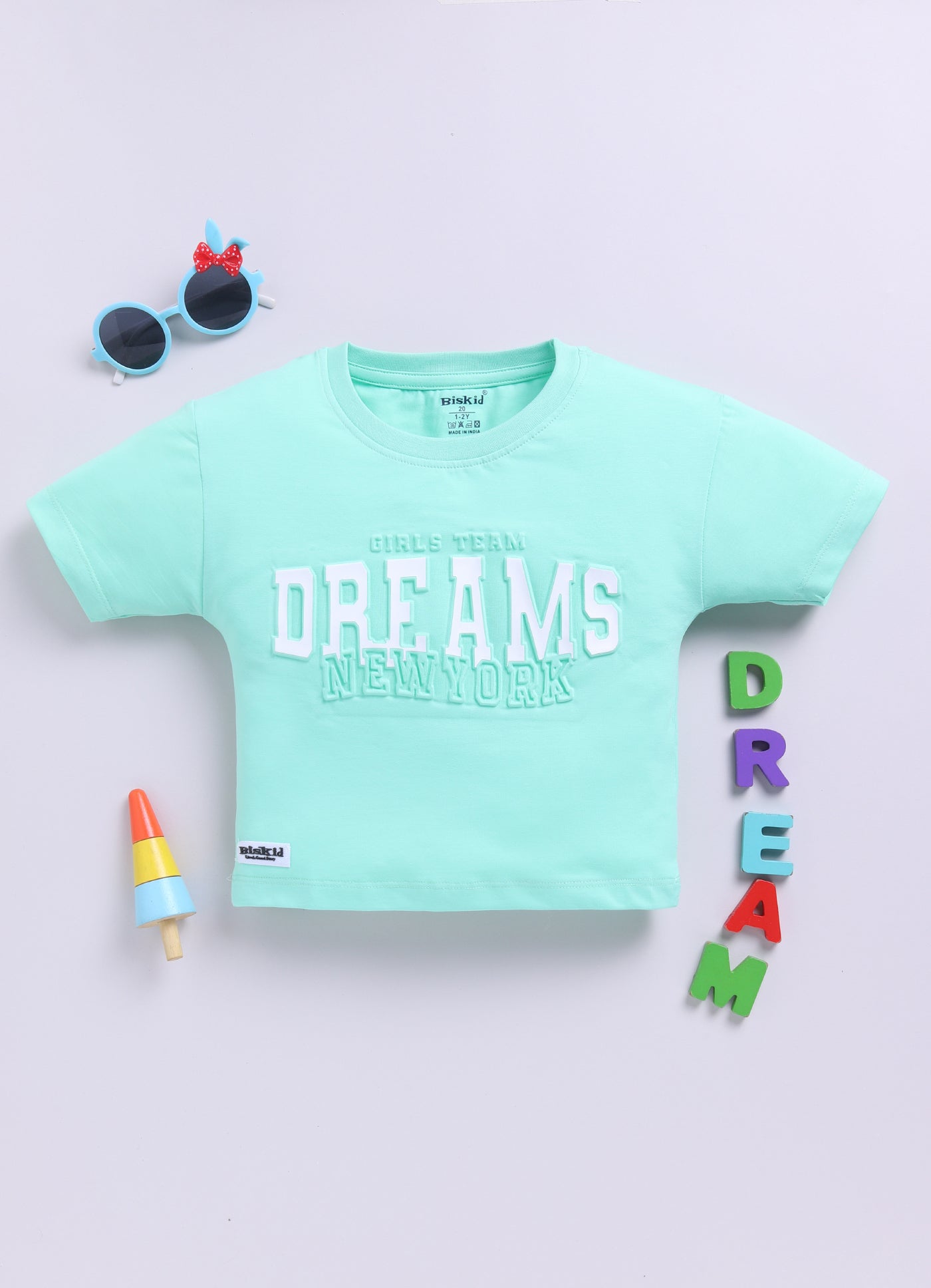 Biskid Girls "GOOD VIBE 1998" Light Peach and "DREAMS NEW YORK" Sea Green Casual Cotton Crop Top Combo (Pack of 2)