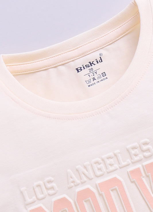 Cream Printed Drop Shoulder Top for Girls by Biskid