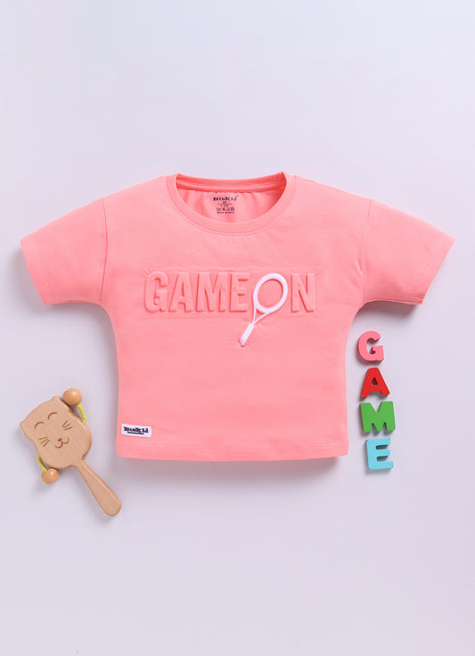 Peach Printed Drop Shoulder Top for Girls by Biskid