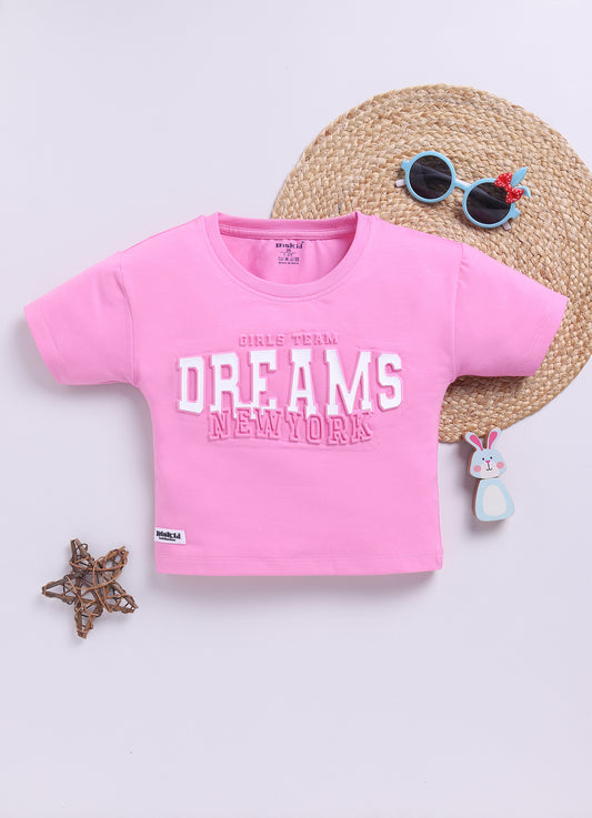 Pink Printed Drop Shoulder Top for Girls by Biskid