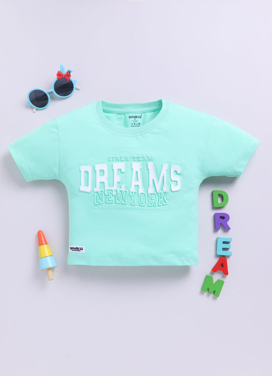 Sea Green Printed Drop Shoulder Top for Girls by Biskid