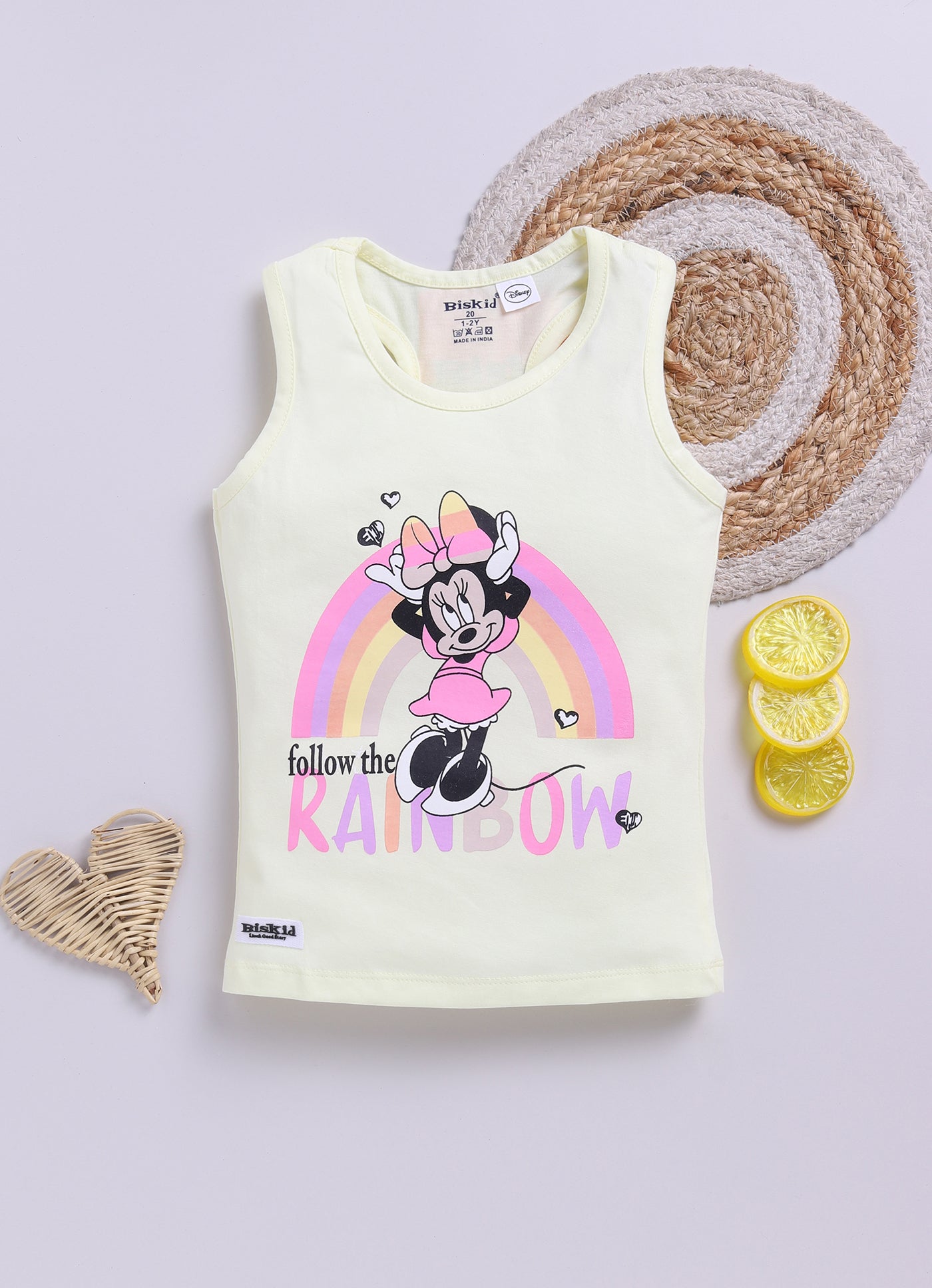 Biskid Girls Disney Minnie Mouse Lemon Yellow "Follow the Rainbow" and Pink Heart Hands Sleeveless Tank Top Combo (Pack of 2)