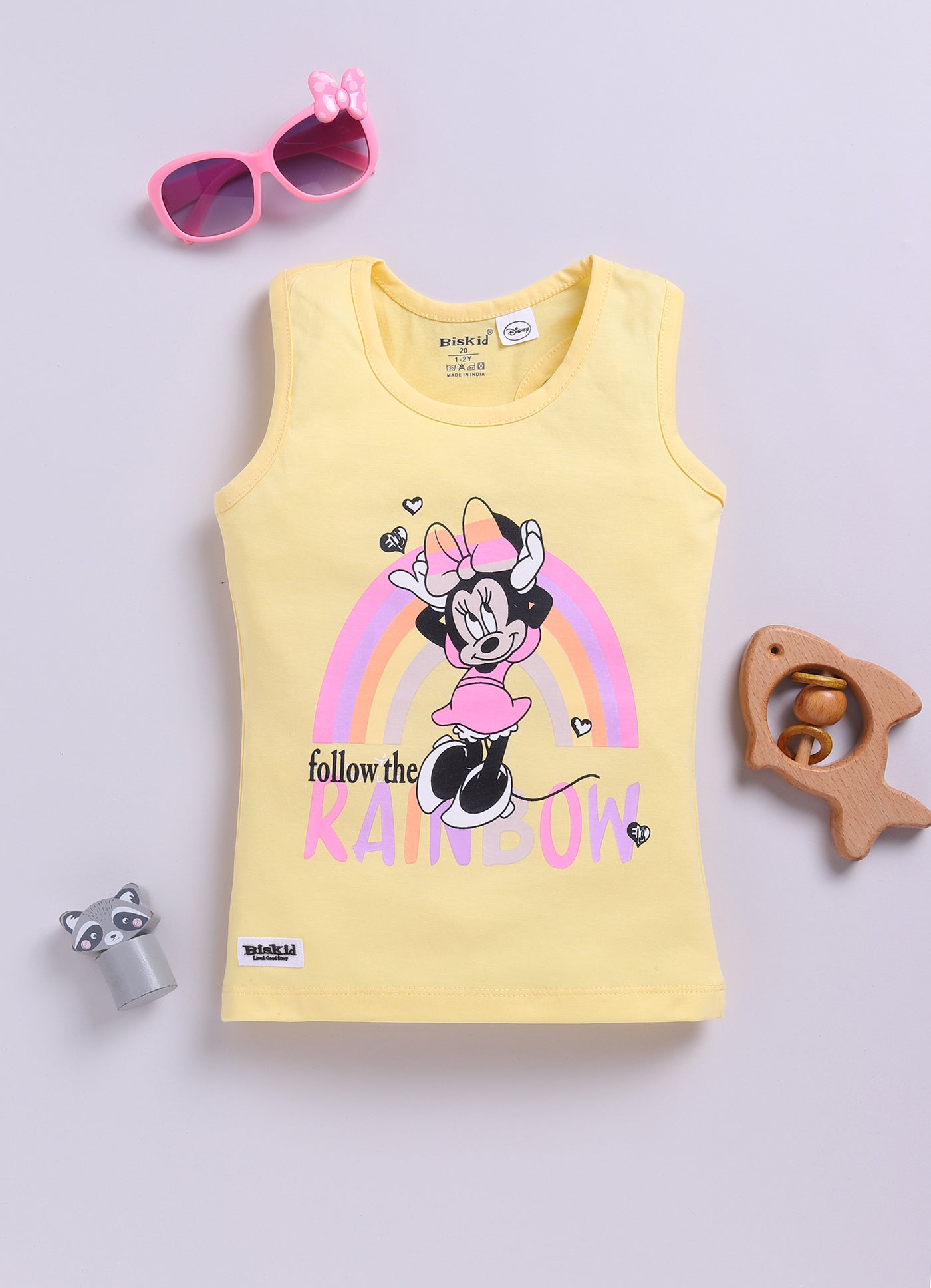 Biskid Girls Disney Minnie Mouse Yellow "Follow the Rainbow" and Daisy Duck Peach Floral Sleeveless Tank Top Combo (Pack of 2)