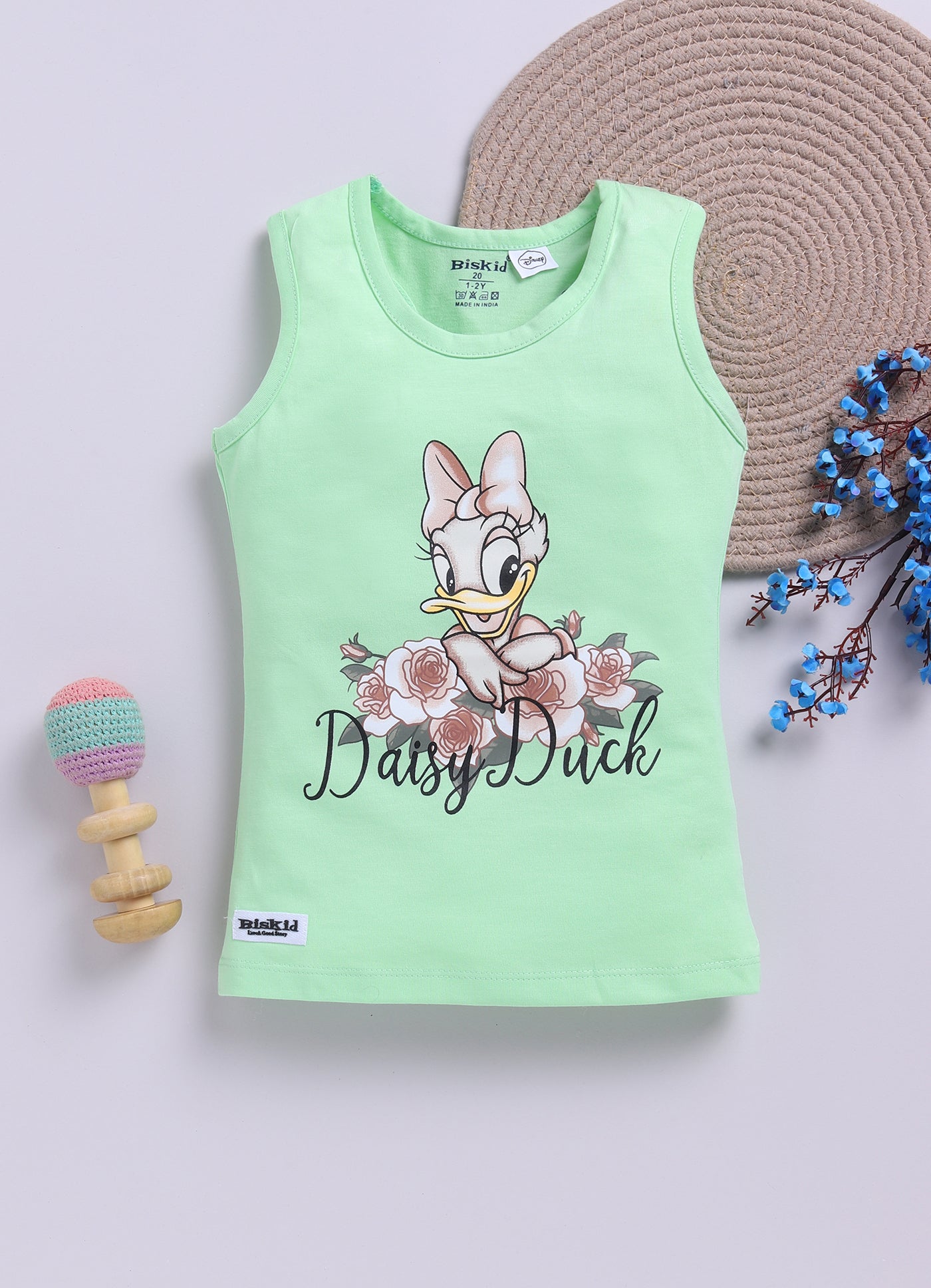 Biskid Girls Disney Daisy Duck Light Green Floral and Minnie Mouse Purple Heart Hands Sleeveless Tank Top Combo (Pack of 2)