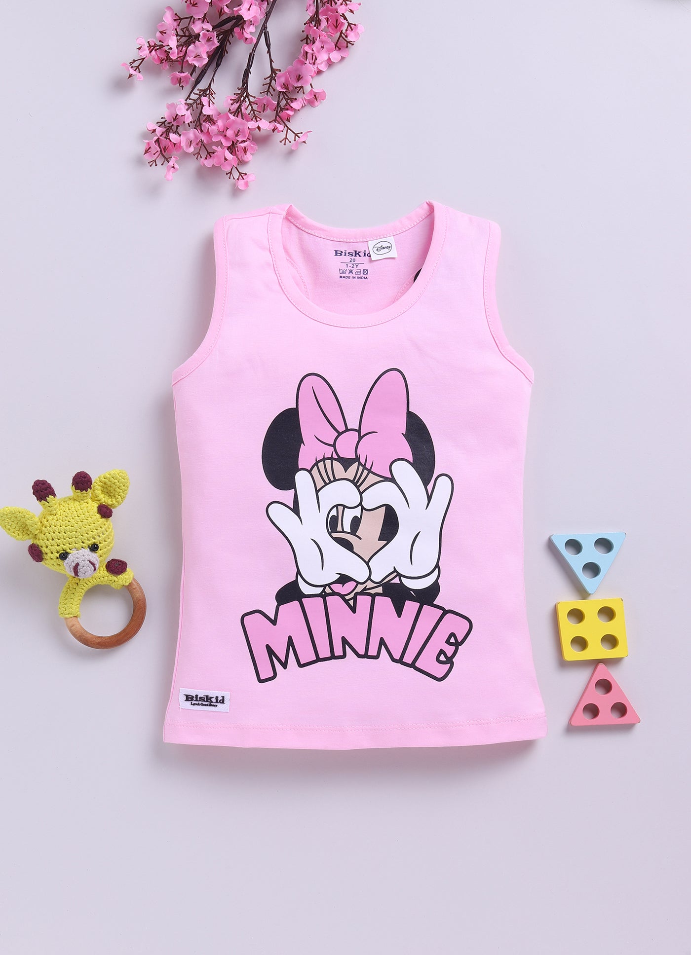 Biskid Girls Disney Minnie Mouse Lemon Yellow "Follow the Rainbow" and Pink Heart Hands Sleeveless Tank Top Combo (Pack of 2)
