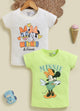 Image file 1819-L.Grn--1819-Crm.jpg showing a 2-pack of Biskid girls short-sleeve tops featuring Disney prints, including a cream top with Daisy Duck and Minnie Mouse and a light green top with a Minnie Mouse graphic.