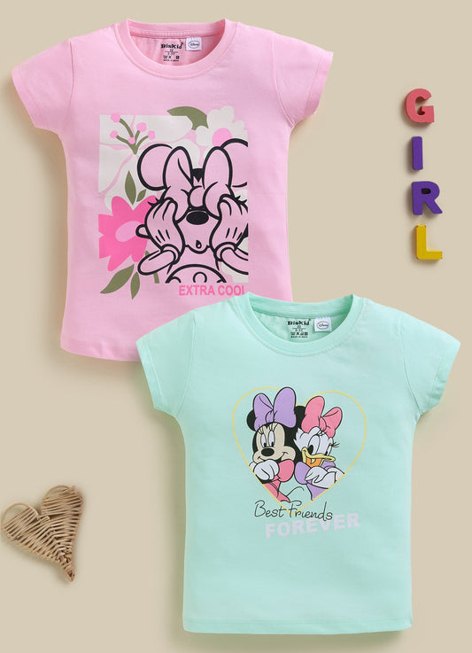 Image file 1819-Lm.Grn--1819-Pnk.jpg showing a 2-pack of Biskid girls short-sleeve tops featuring Disney prints, including a pink "Extra Cool" Minnie Mouse top and a mint green "Best Friends Forever" Minnie and Daisy top.
