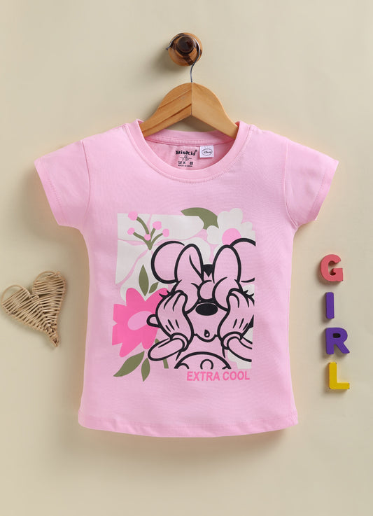 Image file 1819-Lm.Grn--1819-Pnk.jpg showing a 2-pack of Biskid girls short-sleeve tops featuring Disney prints, including a pink "Extra Cool" Minnie Mouse top and a mint green "Best Friends Forever" Minnie and Daisy top.