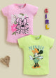 Image file 1819-Pnk--1819-L.Grn.jpg showing a 2-pack of Biskid girls short-sleeve tops featuring Disney prints, including a pink "Extra Cool" Minnie Mouse top and a light green Minnie Mouse graphic top
