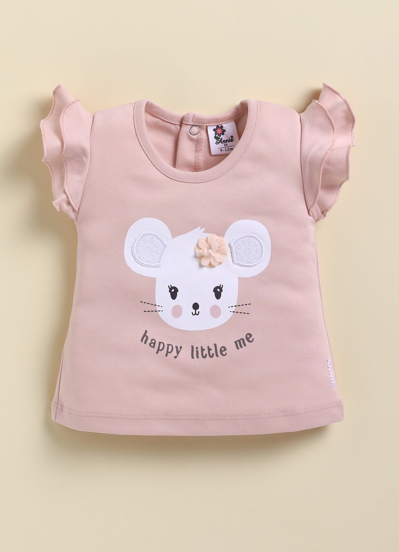Annie Girls "Happy Little Me" Mouse Top and Floral Shorts Set - Peach