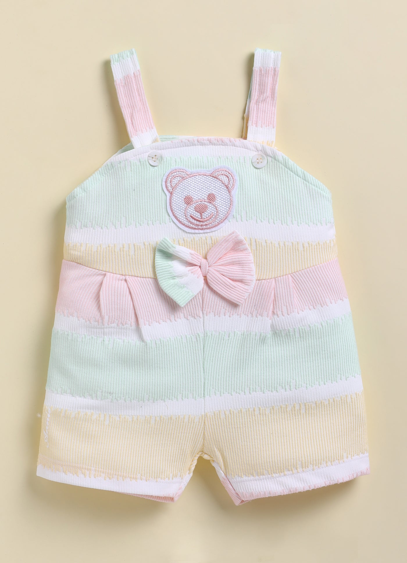 Annie Girls Pastel Striped Bear Patch Short Jumpsuit - Pink