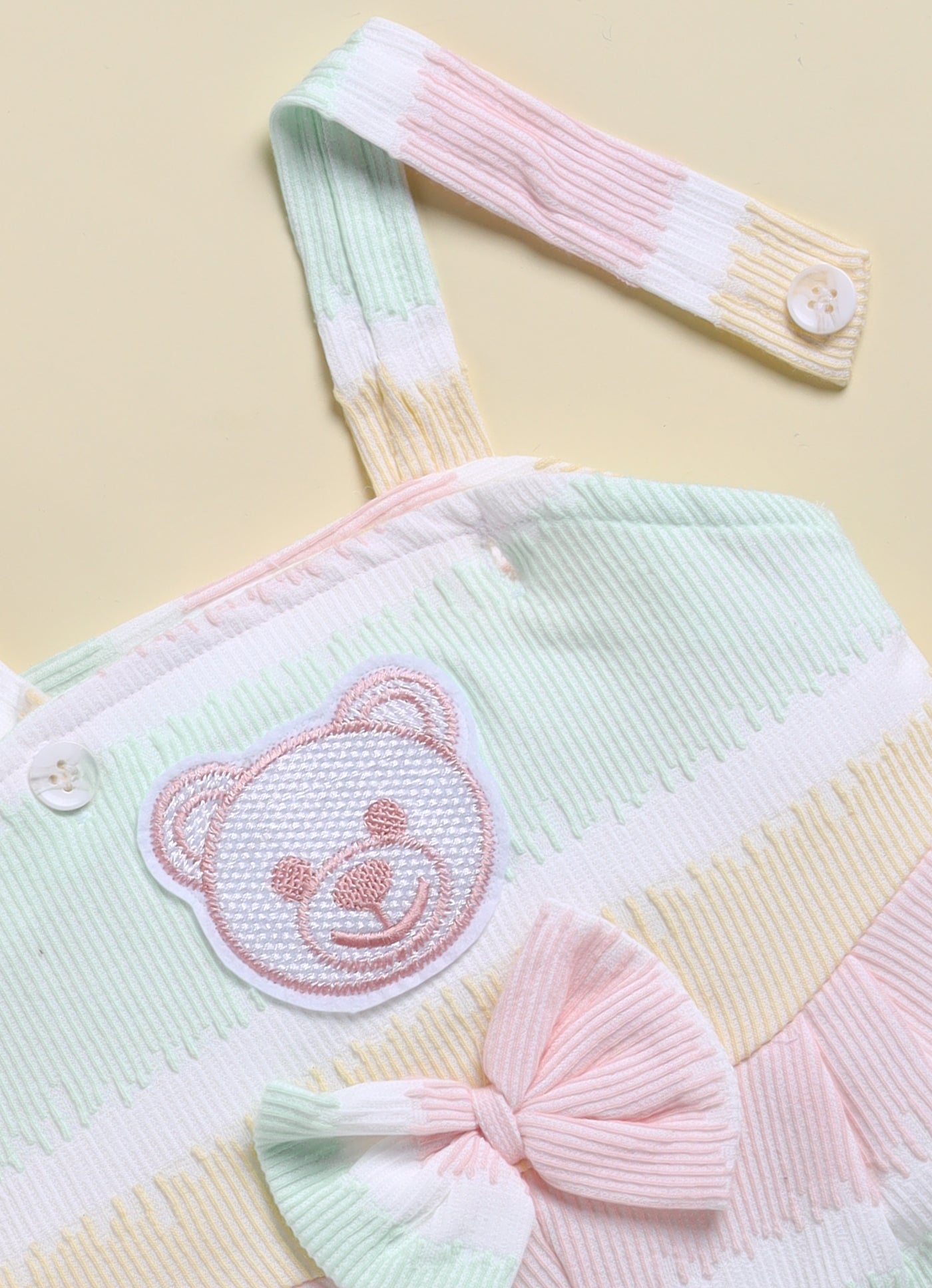 Annie Girls Pastel Striped Bear Patch Short Jumpsuit - Pink