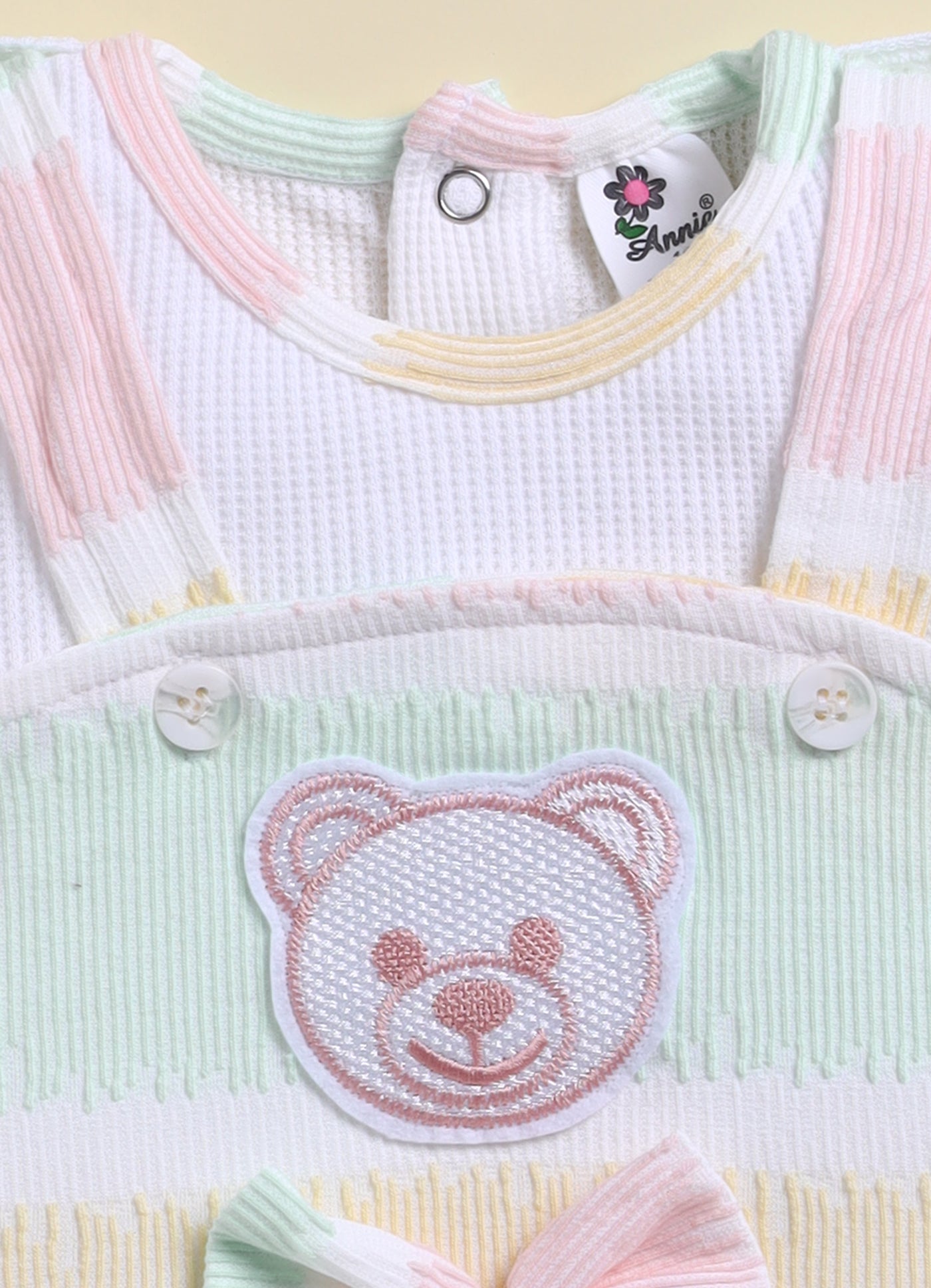 Annie Girls Pastel Striped Bear Patch Short Jumpsuit - Pink