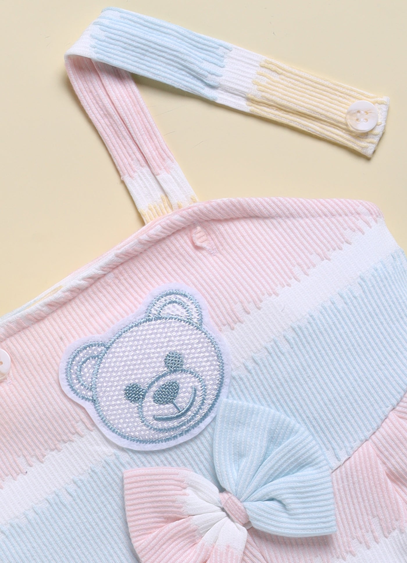 Annie Girls Pastel Striped Bear Patch Short Jumpsuit - Blue