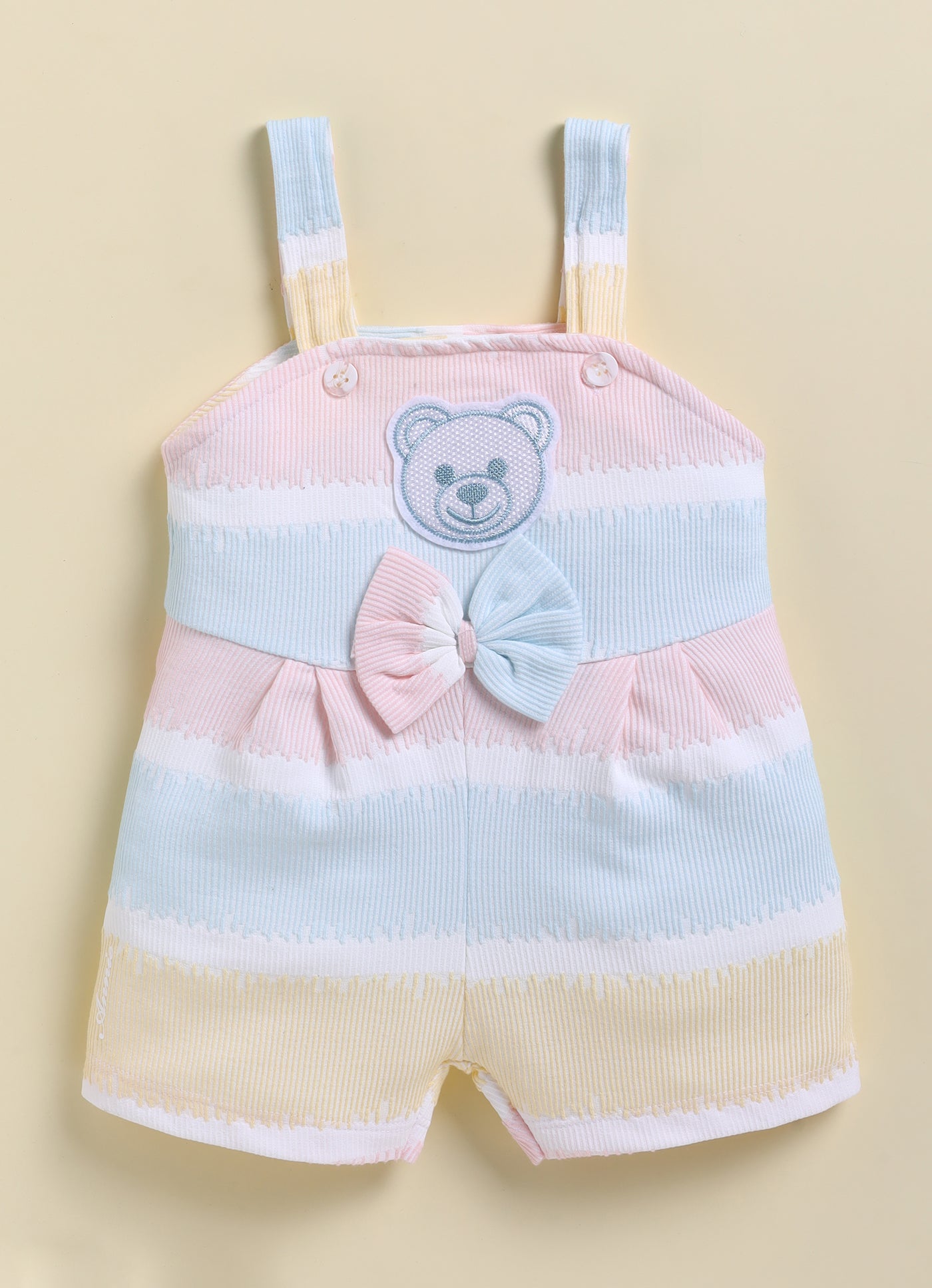 Annie Girls Pastel Striped Bear Patch Short Jumpsuit - Blue