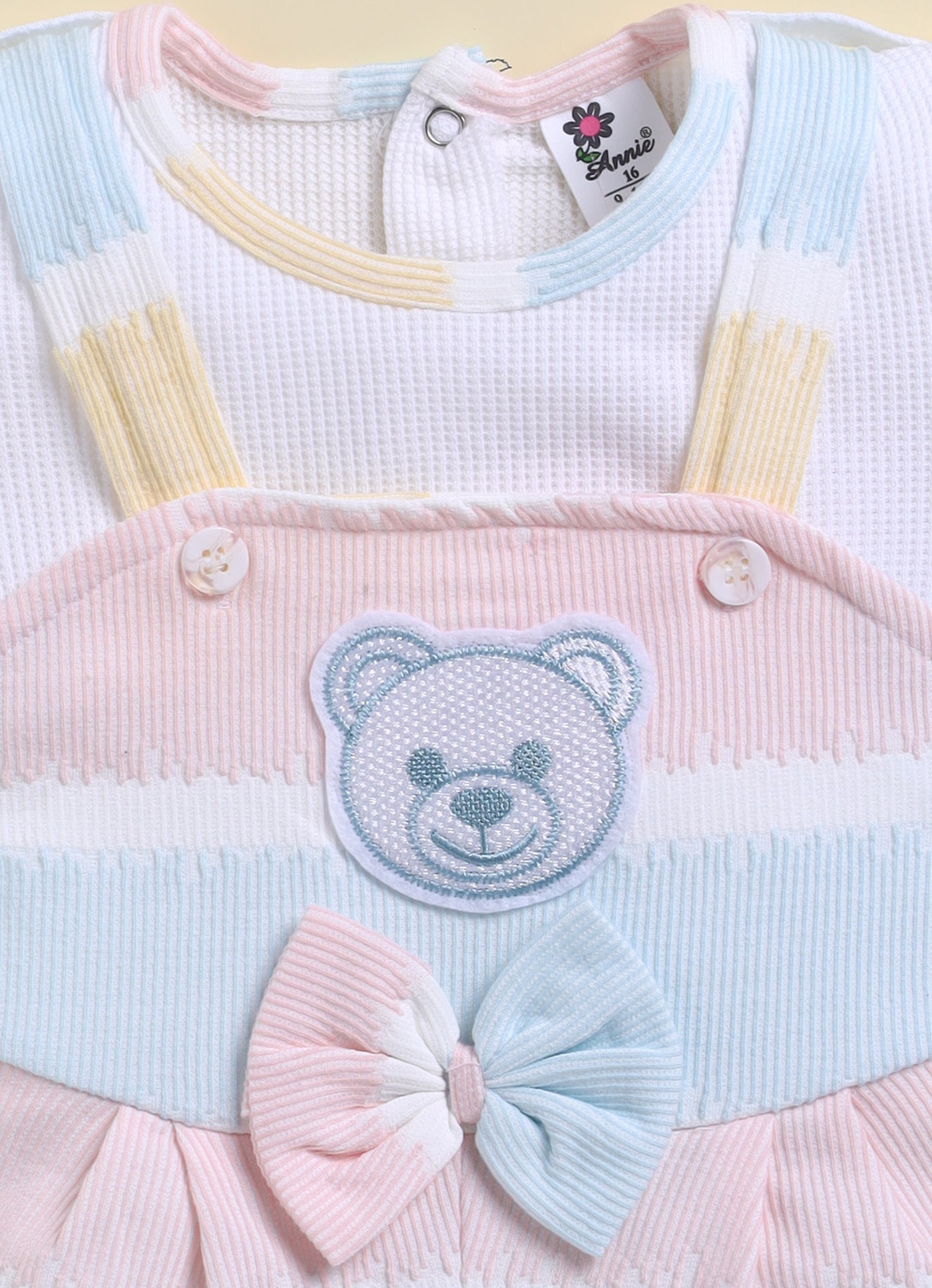 Annie Girls Pastel Striped Bear Patch Short Jumpsuit - Blue