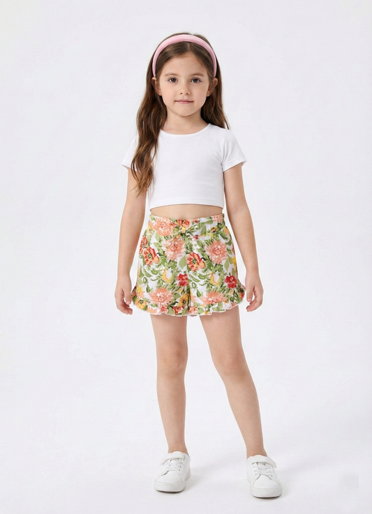 White kids pull-on shorts featuring a lush floral print of peach flowers and green leaves, finished with a matching front tie, side pockets, and sweet ruffled hems