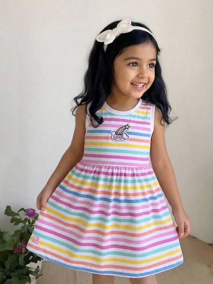 Flat lay of an Annie brand girls sleeveless frock featuring pastel multi-colored horizontal stripes in pink purple blue yellow and peach on a white background and an embroidered rainbow and cloud patch reading GIRL on the chest.