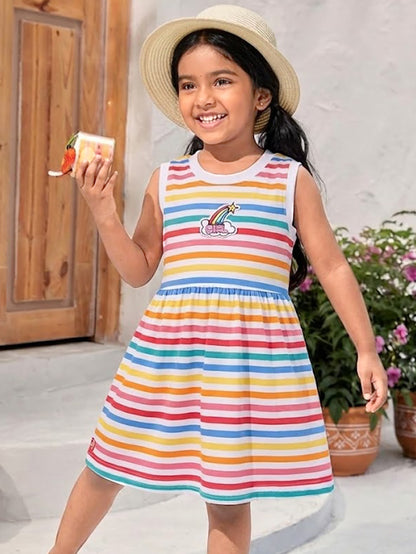 Flat lay of an Annie brand girls sleeveless frock featuring multi-colored horizontal rainbow stripes on a white background and an embroidered rainbow and cloud patch reading GIRL on the chest.
