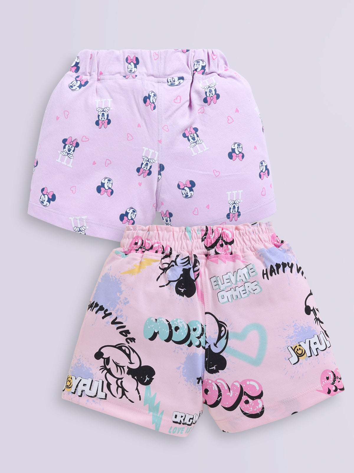 Biskid Girls Disney Minnie Mouse Pink Graffiti and Lavender Heart All-Over Print Casual Shorts Combo (Pack of 2)