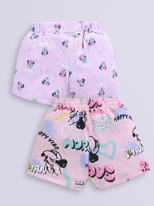 Biskid Girls Disney Minnie Mouse Pink Graffiti and Lavender Heart All-Over Print Casual Shorts Combo (Pack of 2)