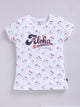 White.jpg showing a flat lay of a white Biskid brand girls short-sleeve t-shirt with an all-over flamingo and palm tree print and "Aloha Hawaii" graphic text on the front.