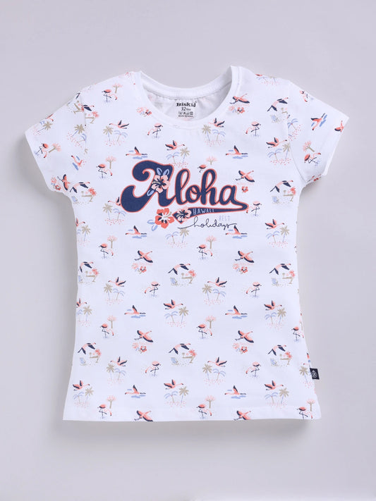 White Printed Top for Girls by Biskid
