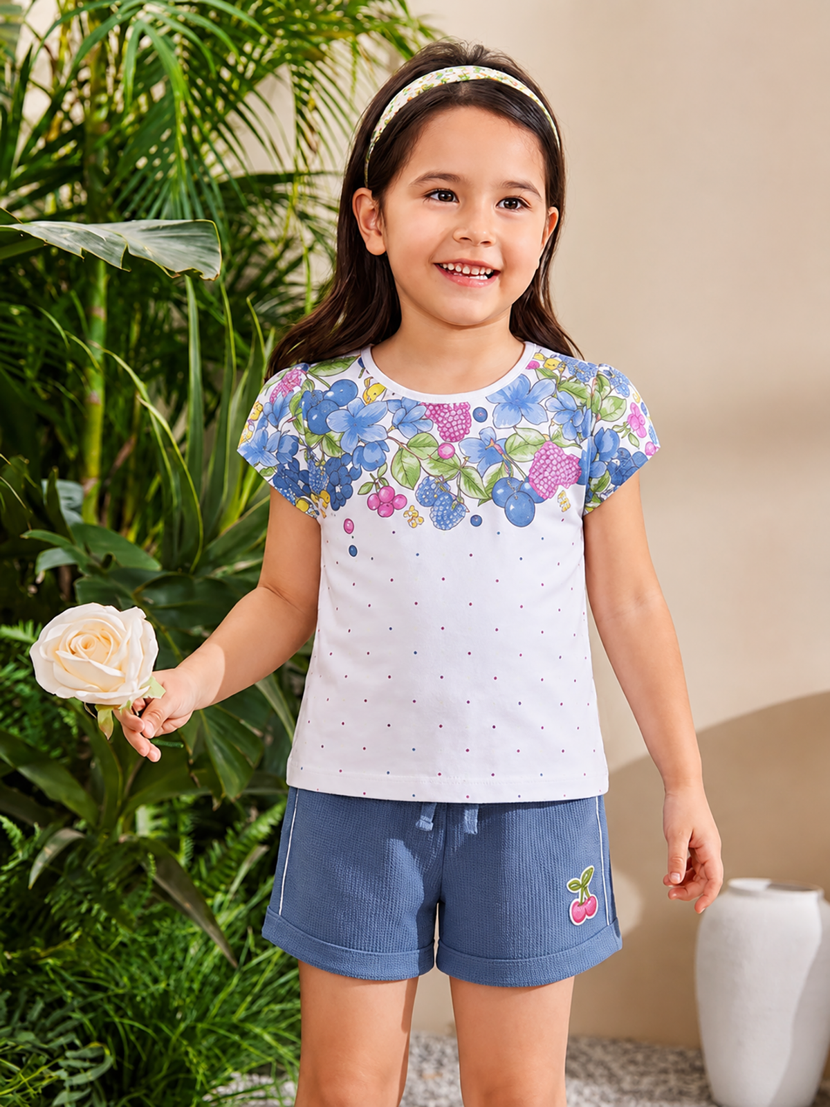 Annie Girls Floral & Berry Print Top and Blue Shorts Set