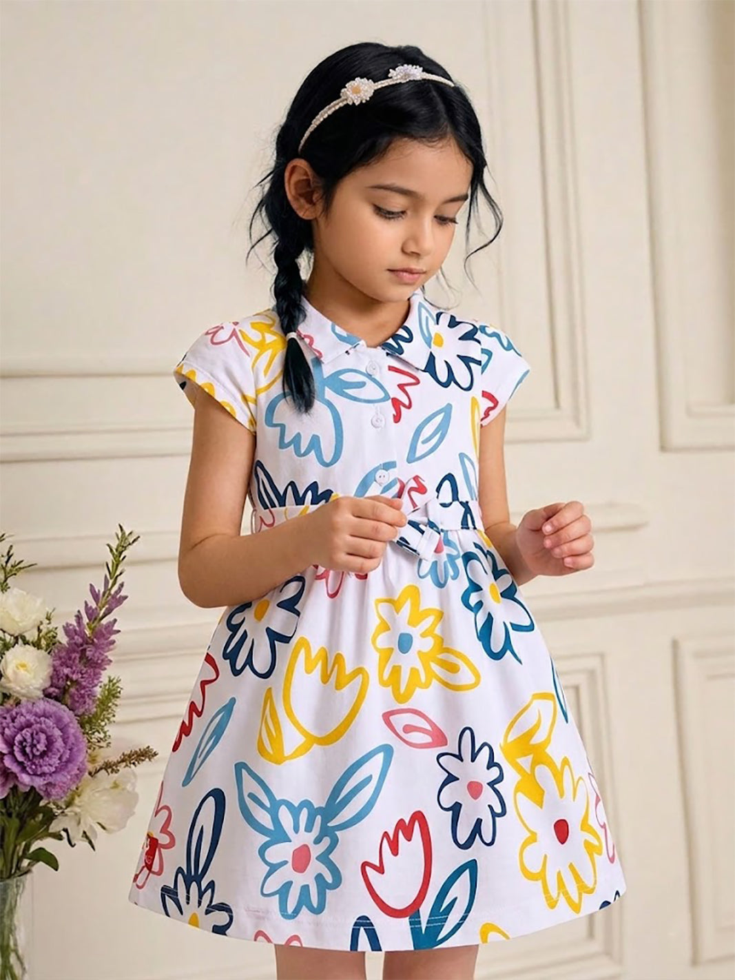 Flat lay of an Annie brand girls short-sleeve white frock featuring a collared neckline front buttons a matching waist tie and a vibrant all-over abstract floral print in navy blue light blue yellow and red.