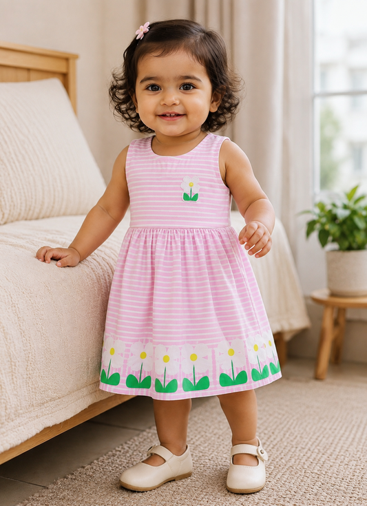 Annie Girls Purple Striped Floral Hem Sleeveless Frock