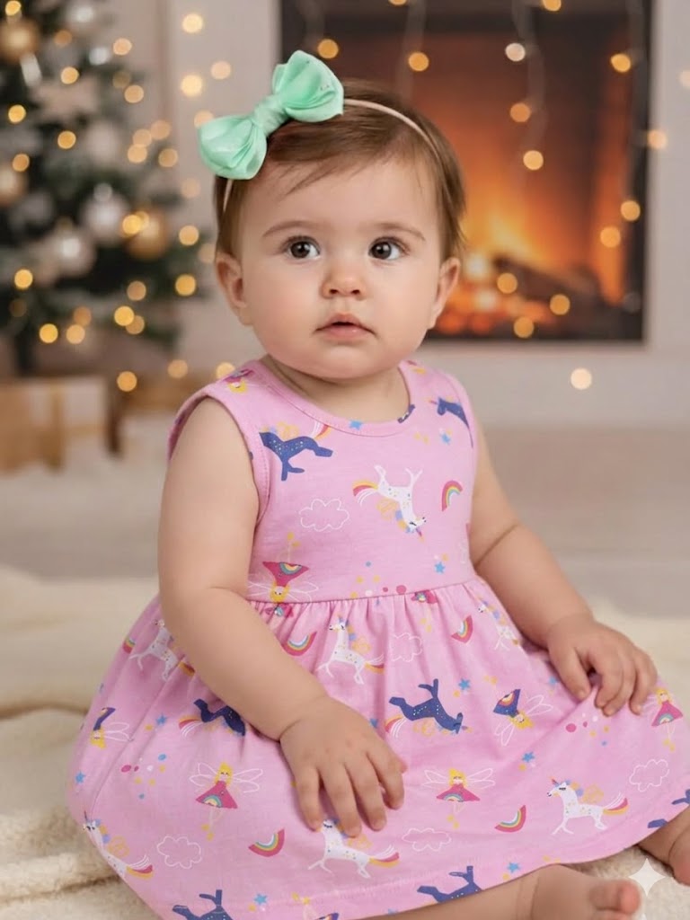 Flat lay of an Annie brand girls sleeveless mint green frock featuring a gently gathered waist and an all-over magical print with white and navy unicorns, fairies, rainbows, clouds, and stars.