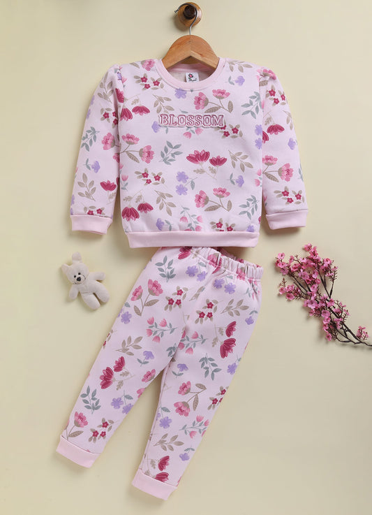 Annie Kids Fleece Knit to Knit Full Sleeves Blossom Text with Flower Printed Winterwear Sweatshirts & Pant