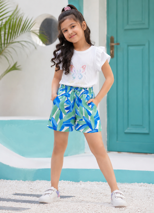 Biskid Teal & Blue Leaf Print Summer Shorts for Girls