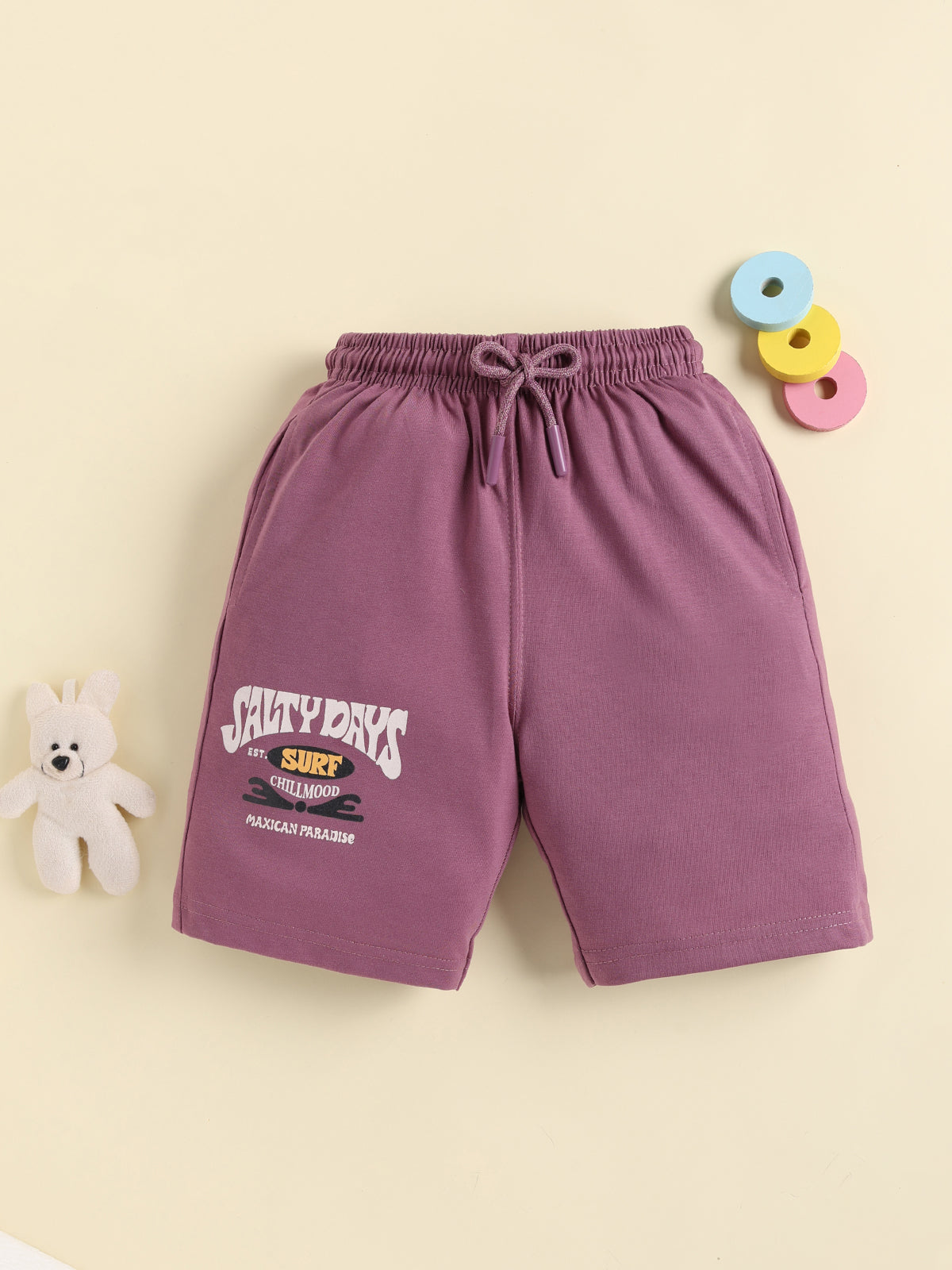 Boys Solid Colour Small Ghaphic Print Cotton Shorts