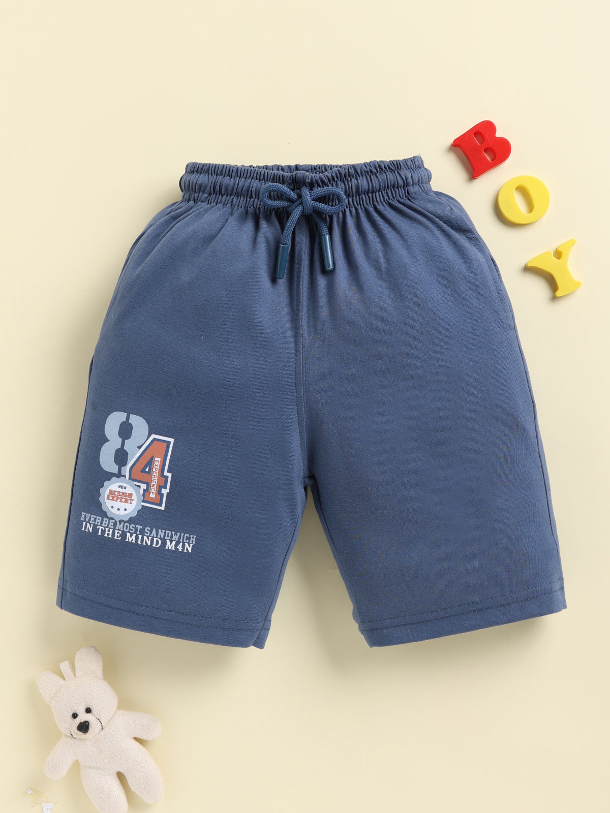 Boys Solid Colour Small Ghaphic Print Cotton Shorts