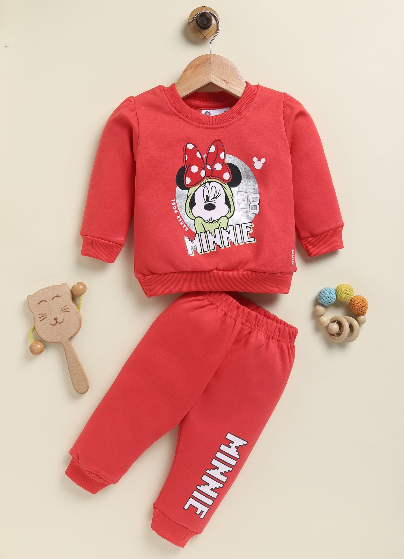 Annie Kids Fleece Knit to Knit Full Sleeves Minnie Printed Winterwear Sweatshirts & Pant - Red