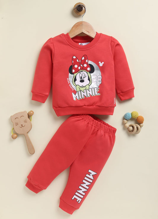 Annie Kids Fleece Knit to Knit Full Sleeves Minnie Printed Winterwear Sweatshirts & Pant - Red