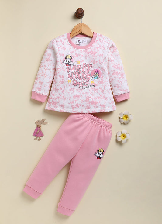 Annie Kids Fleece Knit to Knit Full Sleeves Minnie Printed Winterwear Sweatshirts & Pant - Peach
