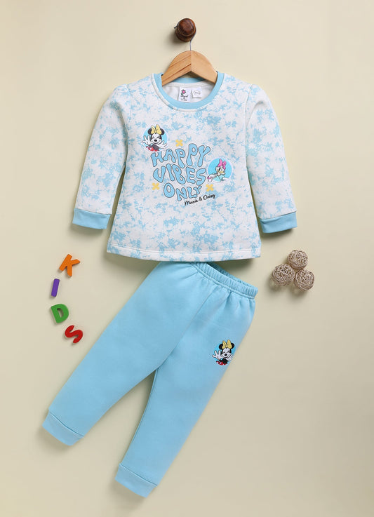 Annie Kids Fleece Knit to Knit Full Sleeves Minnie Printed Winterwear Sweatshirts & Pant - Peach