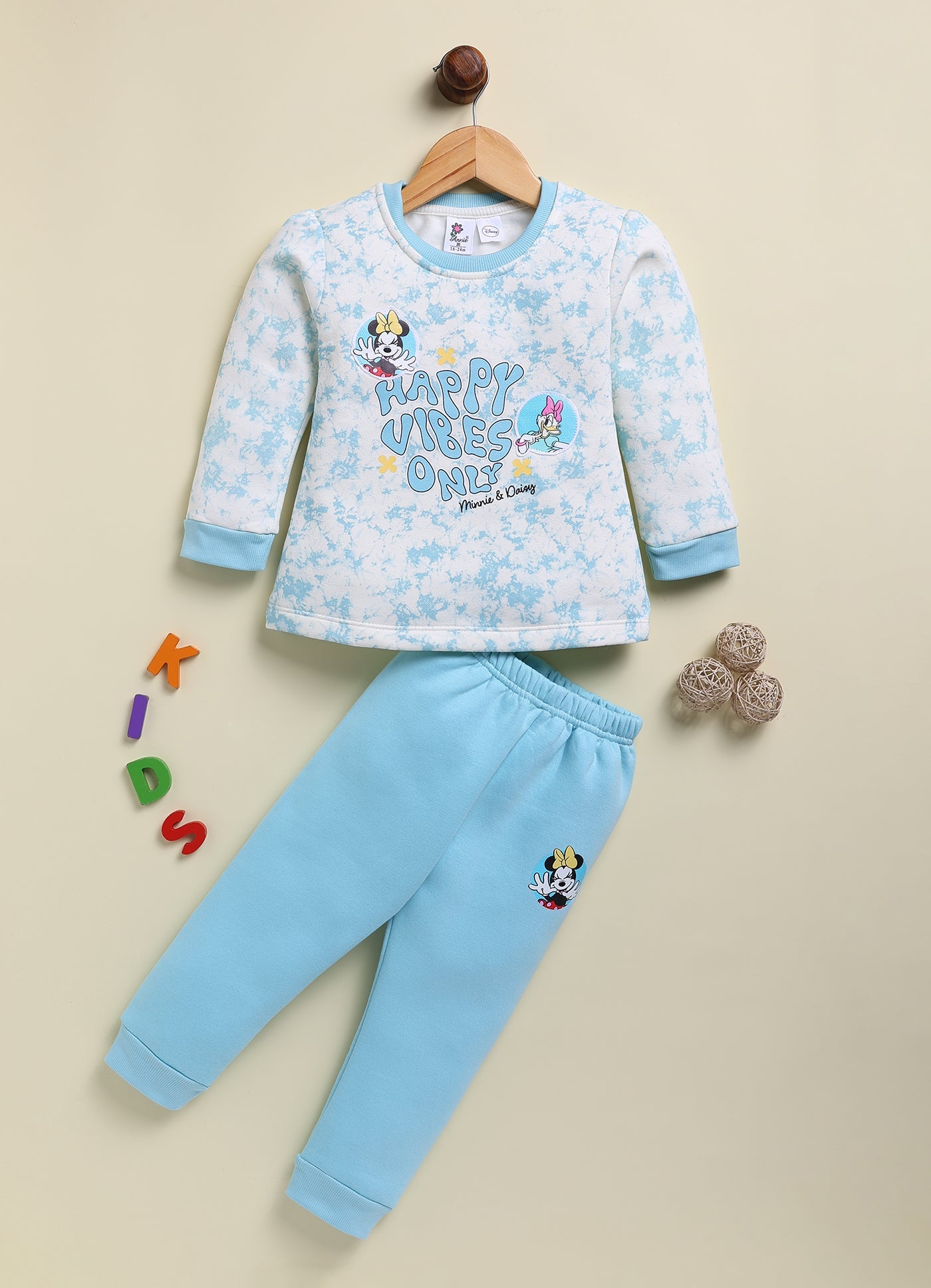 Annie Kids Fleece Knit to Knit Full Sleeves Minnie Printed Winterwear Sweatshirts & Pant - Peach