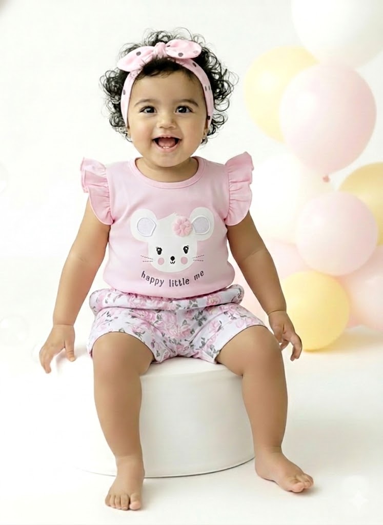 Annie brand girls two-piece clothing set featuring a light pink flutter-sleeve top with a mouse graphic, 3D flower applique, and the text "happy little me", paired with white shorts featuring a beautiful pink floral print, cuffed hems, and a ruffled elastic waist.